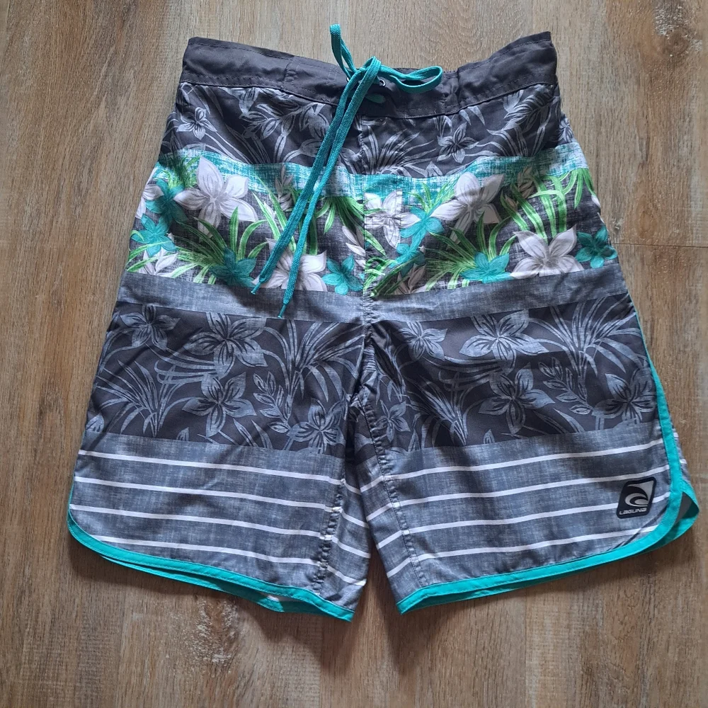 Laguna Beach Trunks Green Grey White Swim Floral Stripes Drawstring Men's Size S